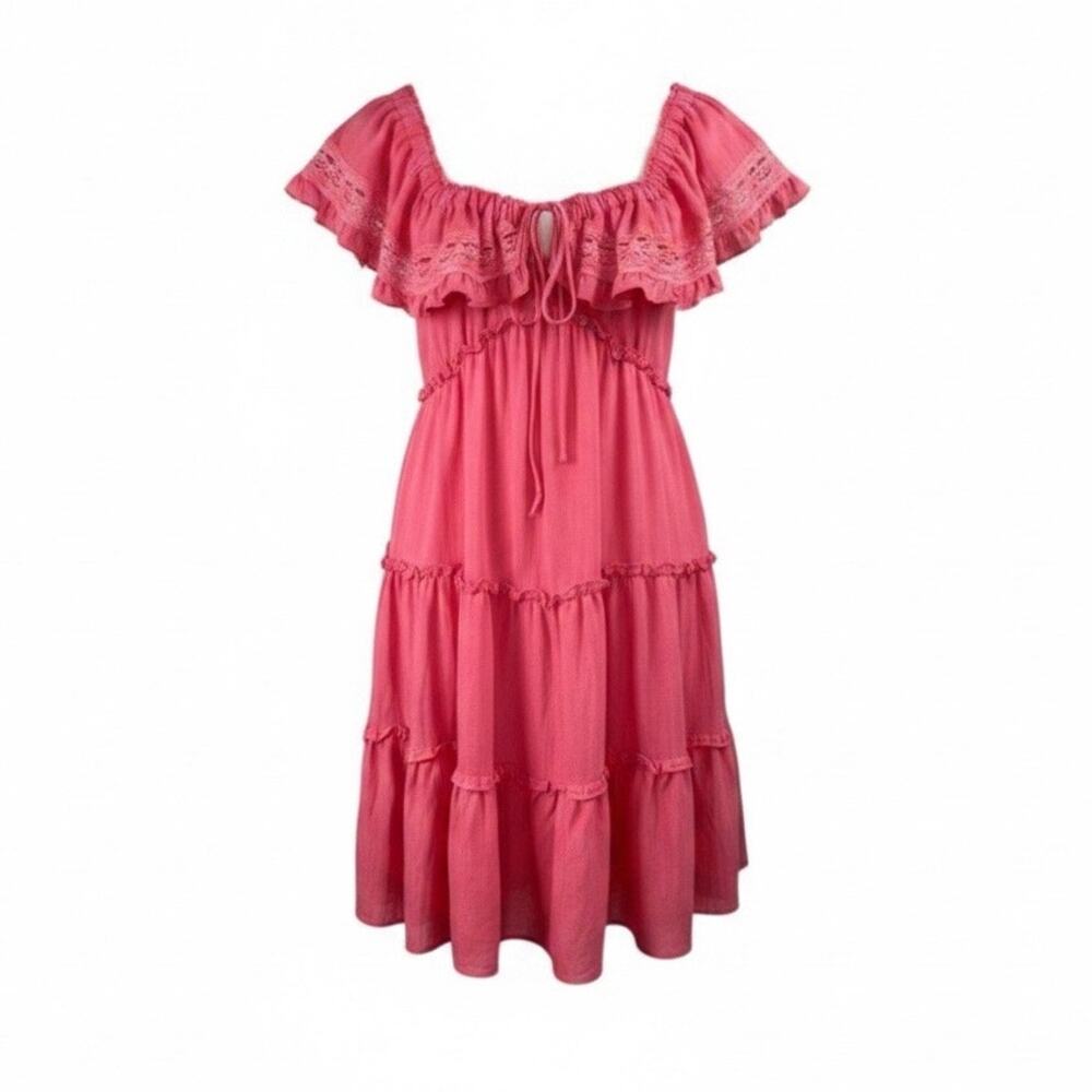Lush Pink Blossom Lace Tie Back Square Neck Tiered Mini Dress L NWT Coquette